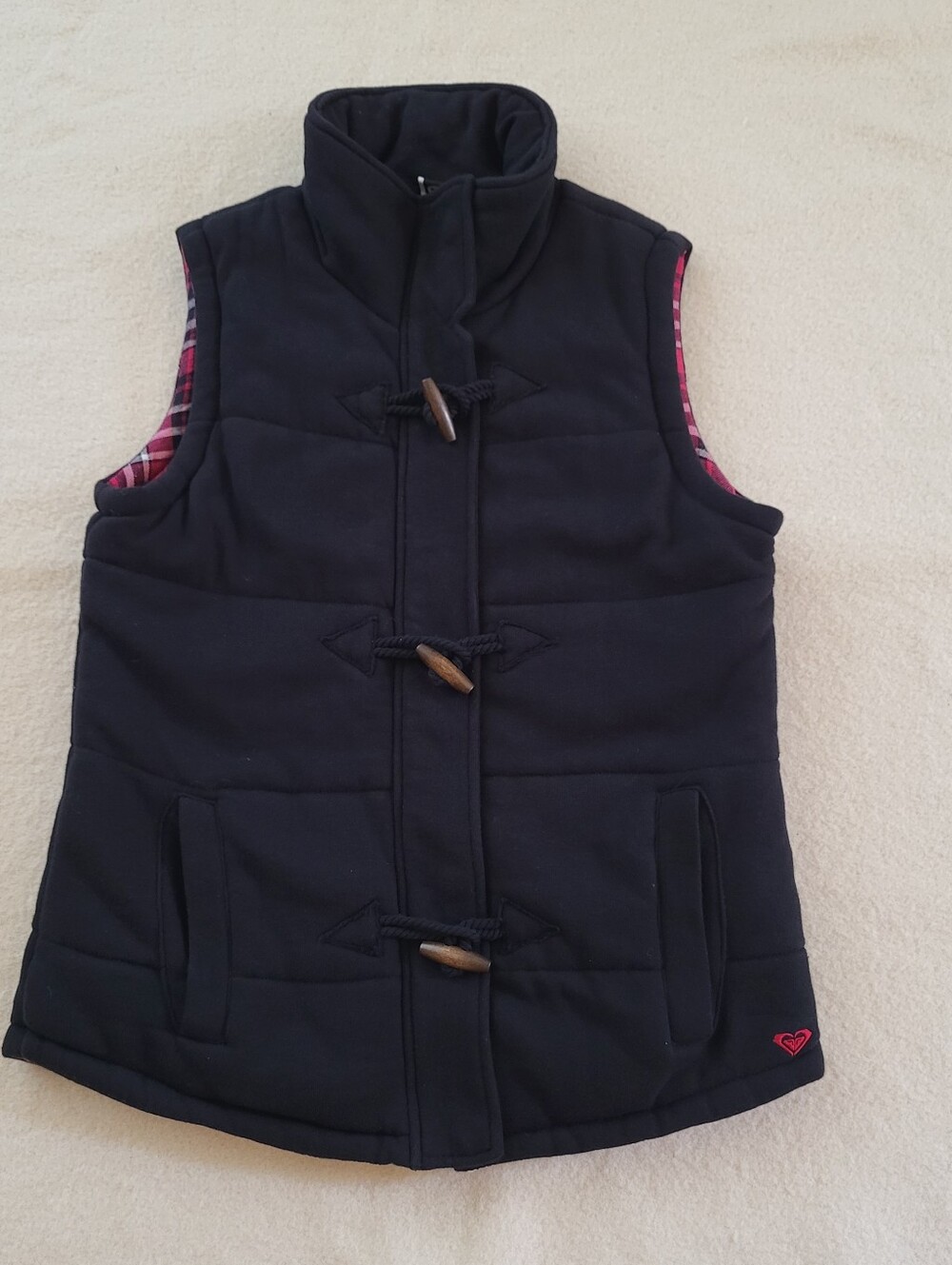 Roxy Vest Women's Medium Black Cotton Blend Plaid Lining Wood Buttons